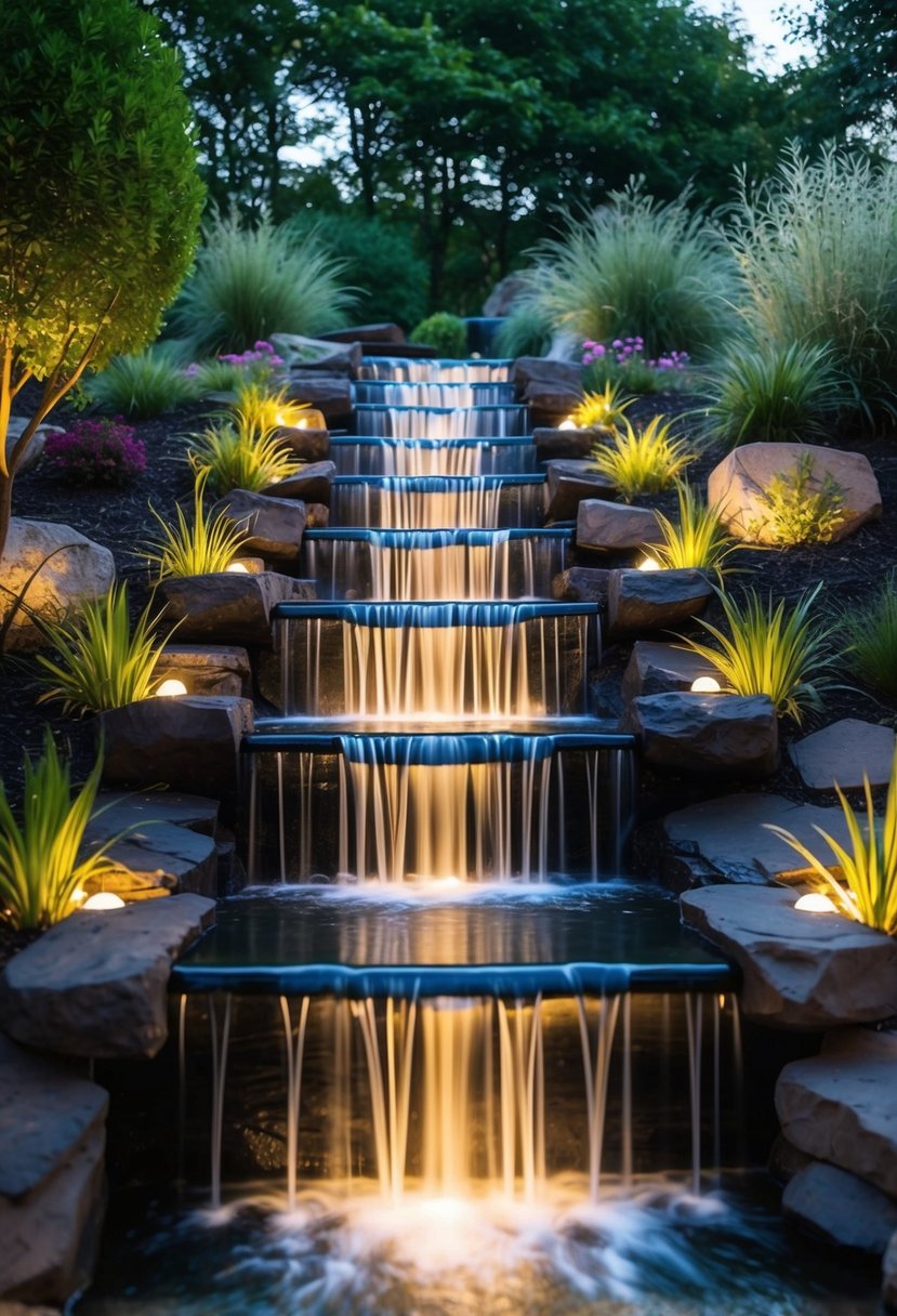 A cascading LED-lit waterfall surrounded by 39 garden water features
