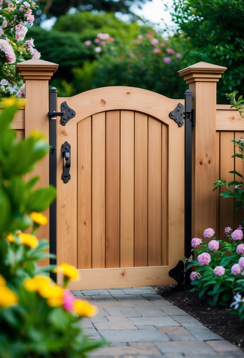 A wooden Craftsman style gate with decorative joinery and metal hardware stands in a lush garden, surrounded by blooming flowers and greenery
