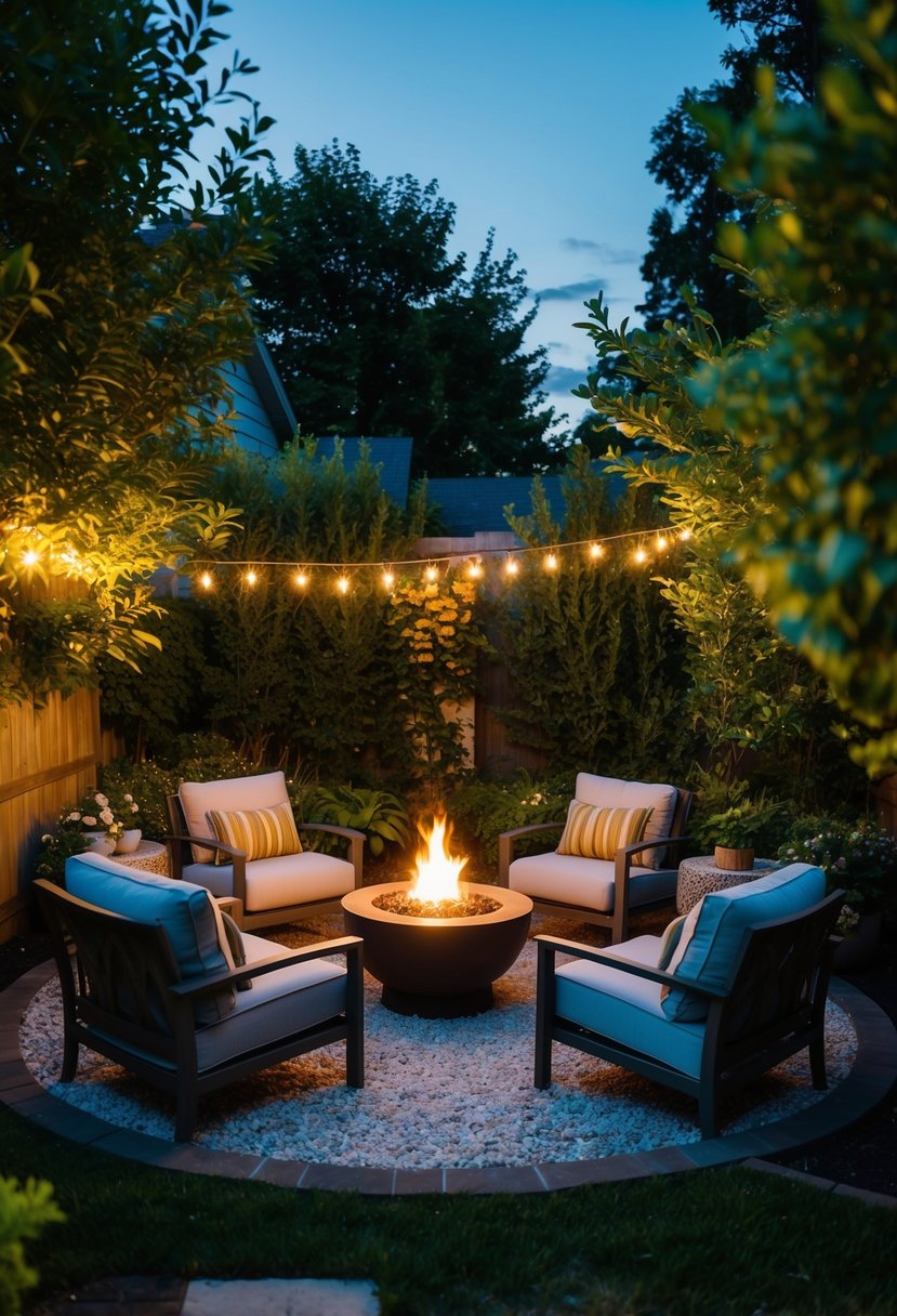 A cozy backyard with a small fire pit surrounded by outdoor seating, surrounded by lush greenery and softly glowing in the evening light