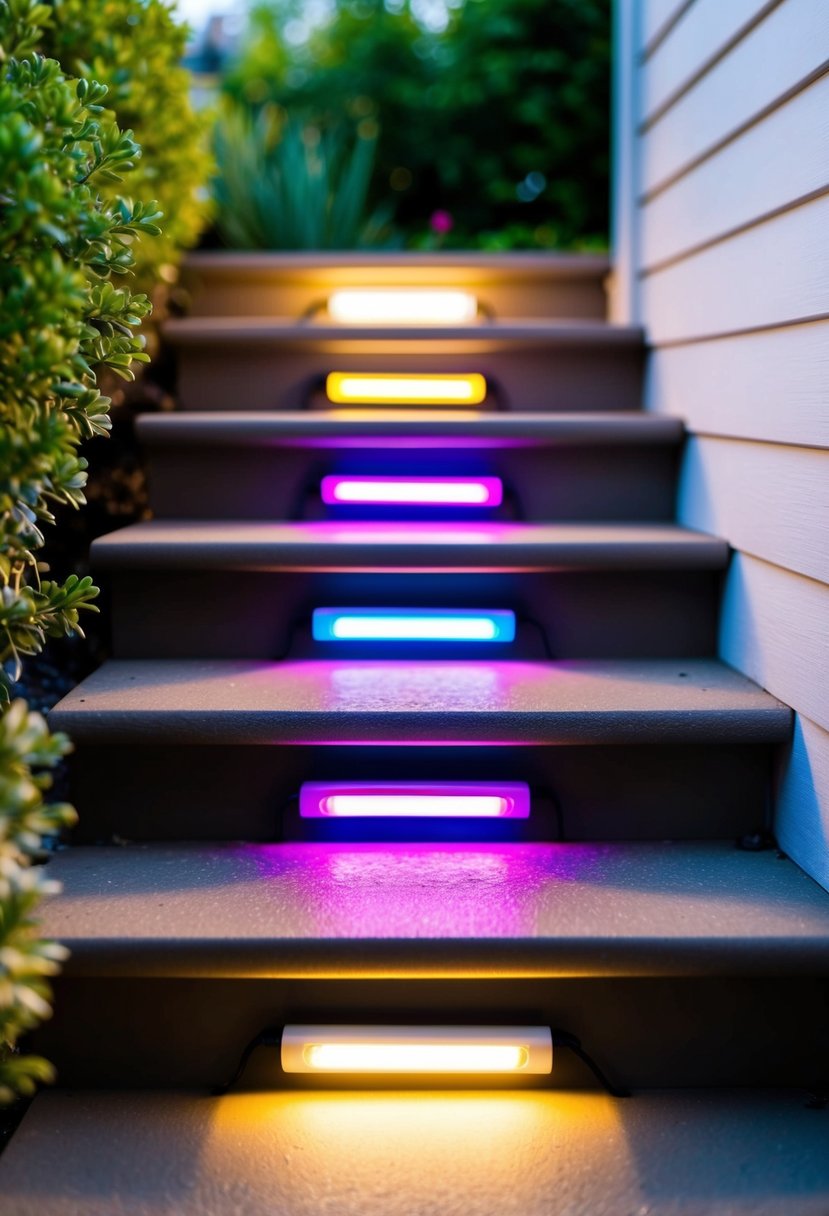 Colorful LED strip lights are installed under outdoor steps, casting a soft glow and providing ambient garden lighting