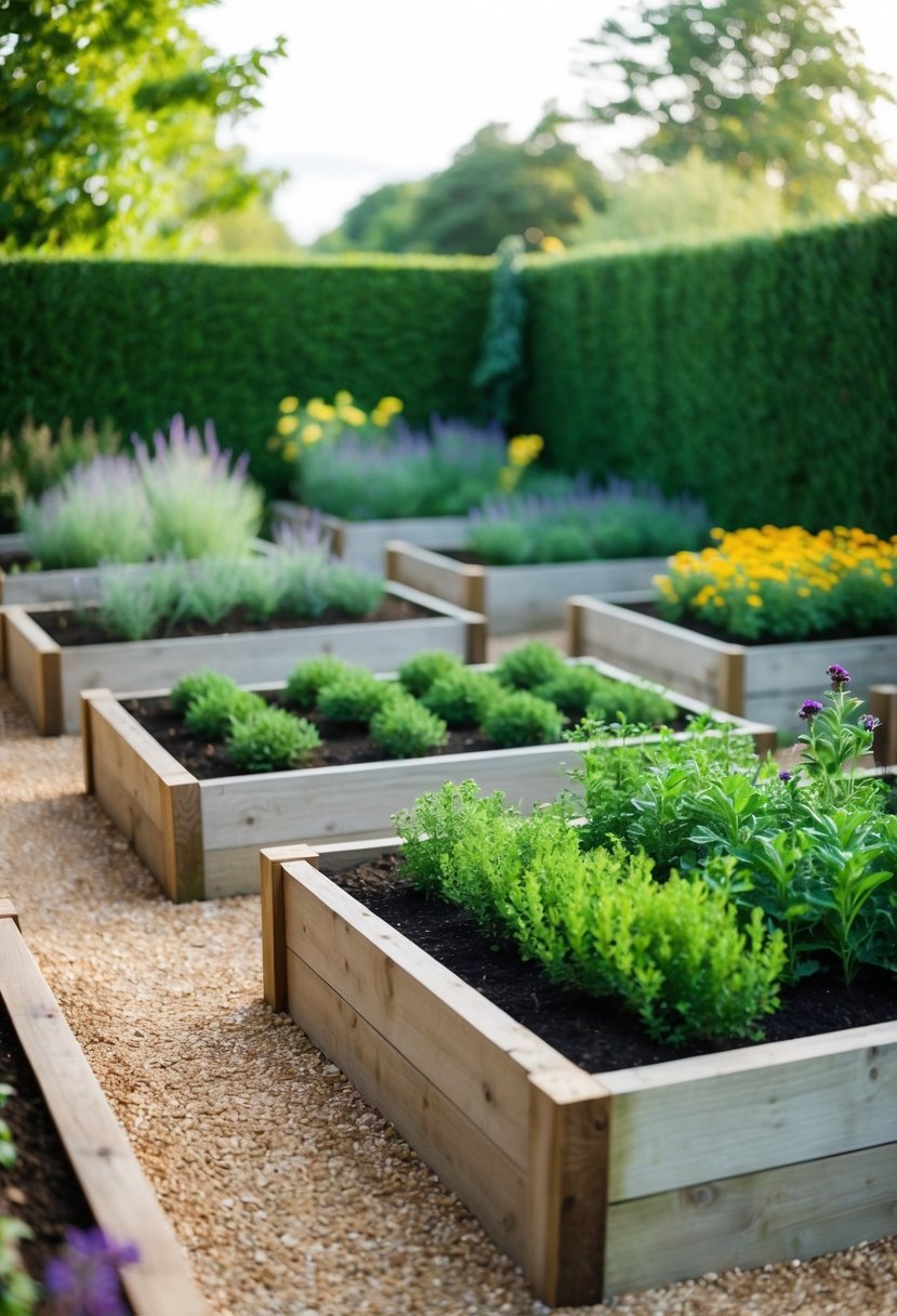 A lush garden with 35 raised beds bordered by ancient oak sleepers