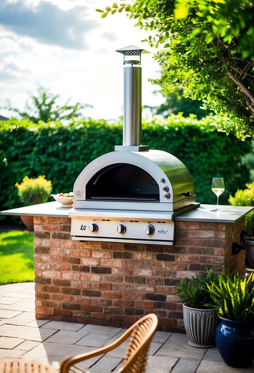 A backyard patio with a Le Griddle Oven 27 set in an outdoor kitchen, featuring a built-in pizza oven and surrounded by lush greenery