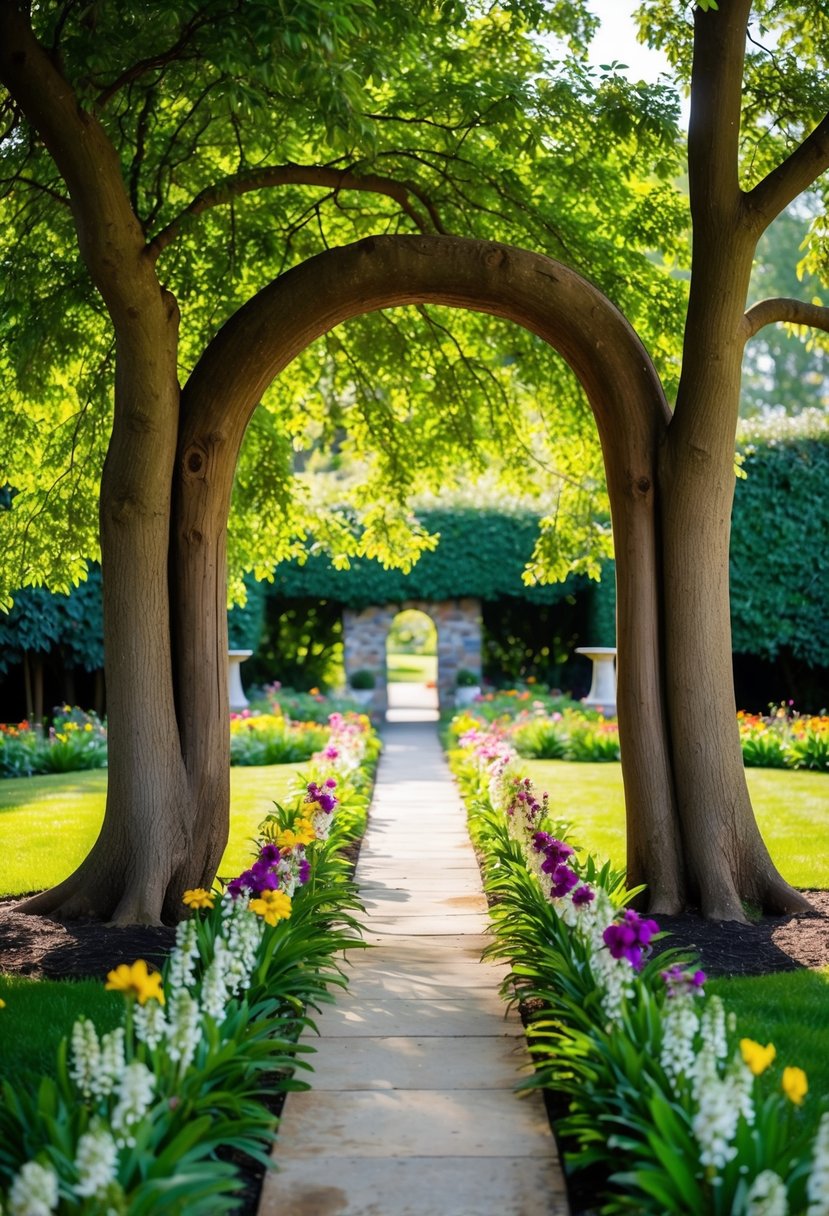 A tree trunk archway frames a garden entrance, with lush greenery and colorful flowers lining the path
