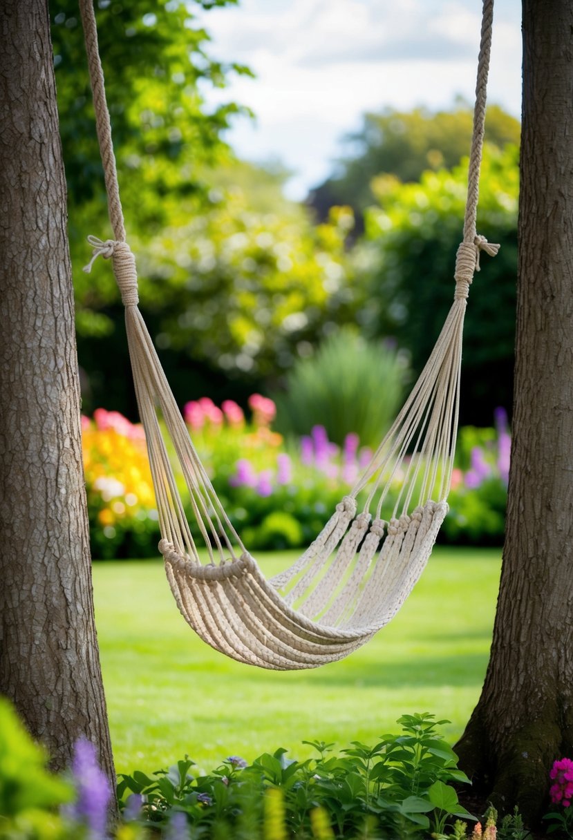 A classic rope hammock hangs between two trees in a lush garden, surrounded by vibrant flowers and greenery