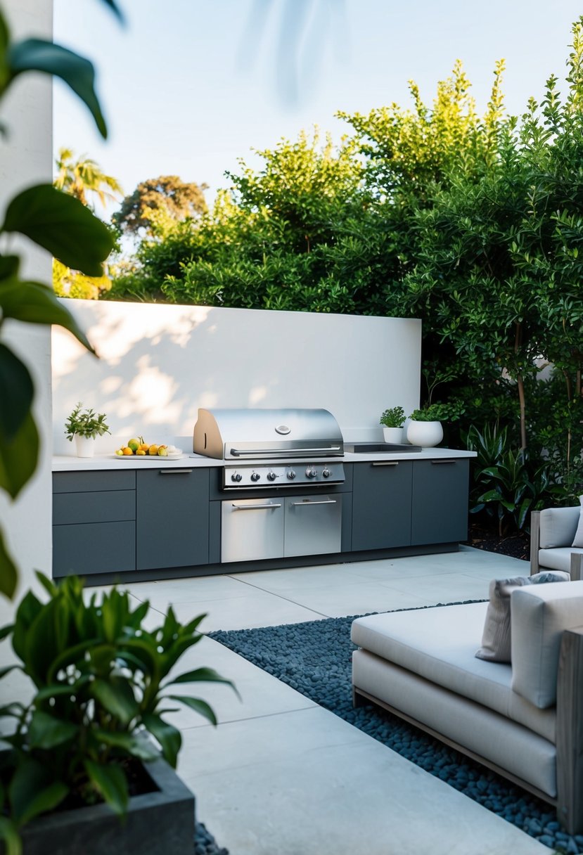 A sleek, smokeless grill sits amidst a modern outdoor kitchen with clean lines and minimalist design. The space is accented with contemporary furniture and surrounded by lush greenery