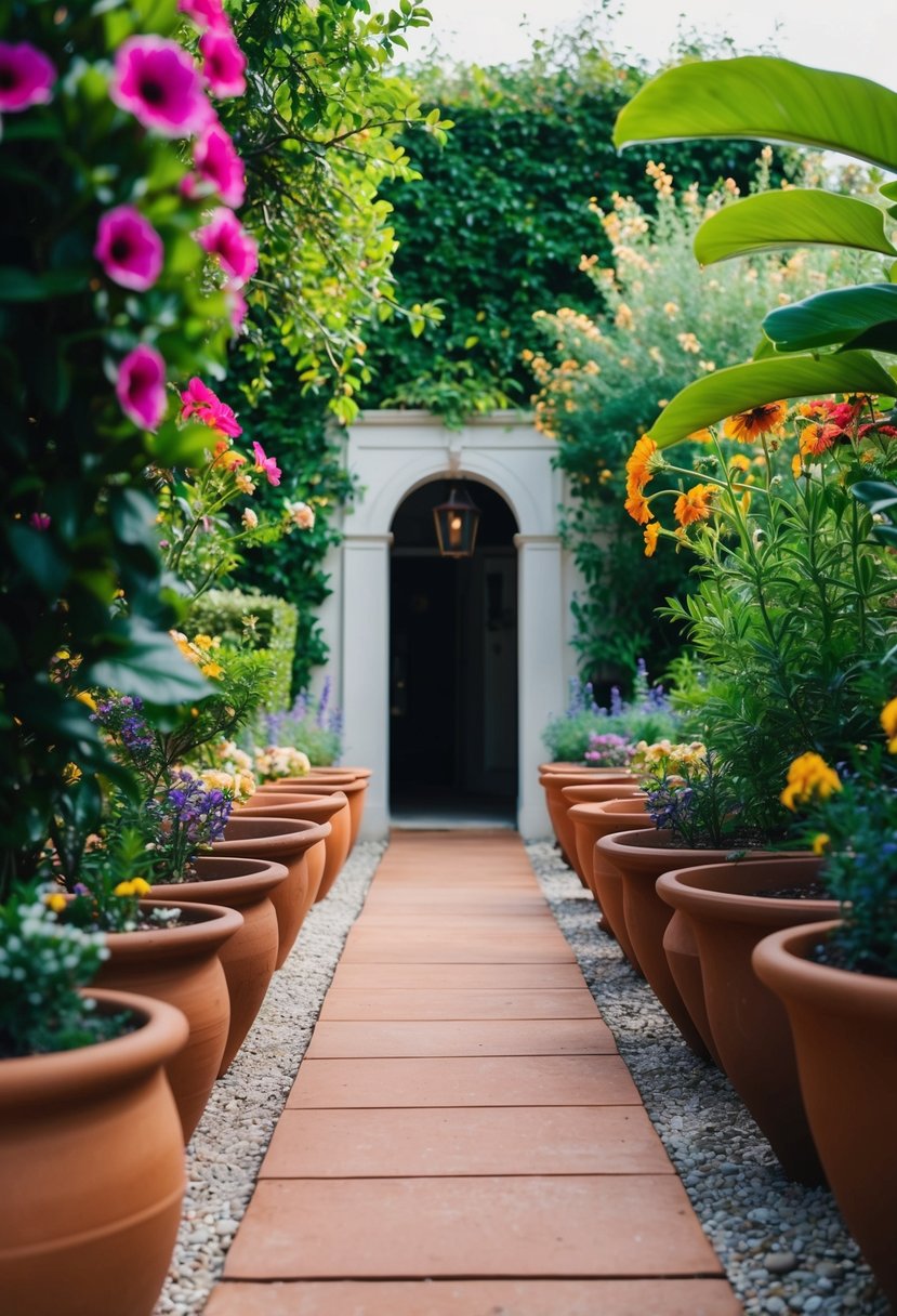 A terracotta pot-lined pathway leads to a garden entrance, with vibrant flowers and lush greenery surrounding the entrance