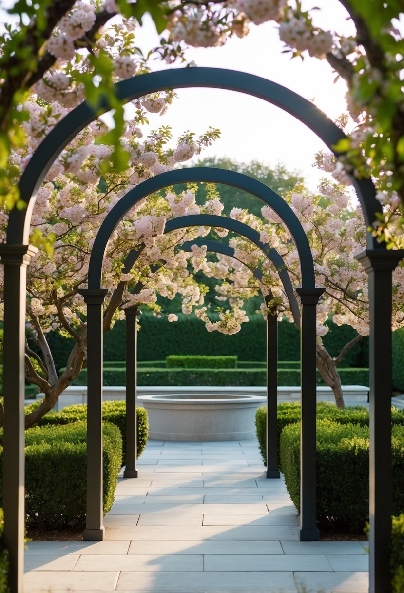 A tranquil terrace with crabapple trees and arched arbors in a lush garden setting
