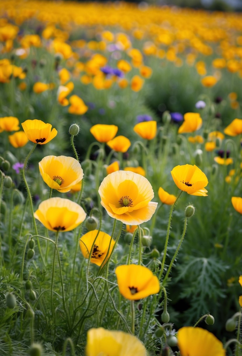 A field of golden poppies and wildflowers in a garden, with a variety of colors and shapes