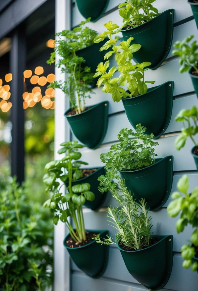 A vertical garden with 22 herb plants growing in individual pockets on a living wall planter