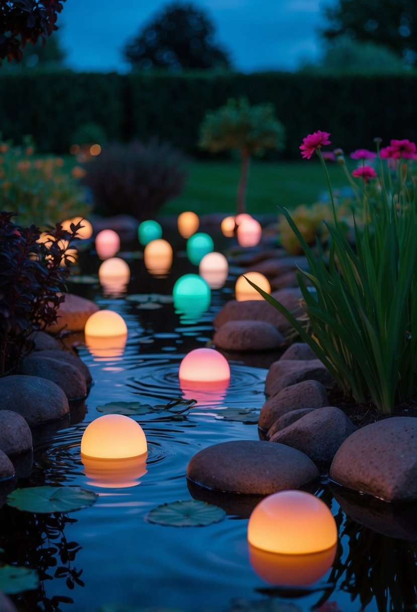Twenty-five garden ponds glow with color-changing orbs at night