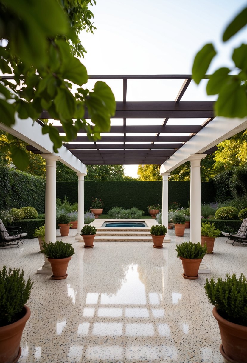 A terrazzo terrace with a pergola surrounded by 43 gardens