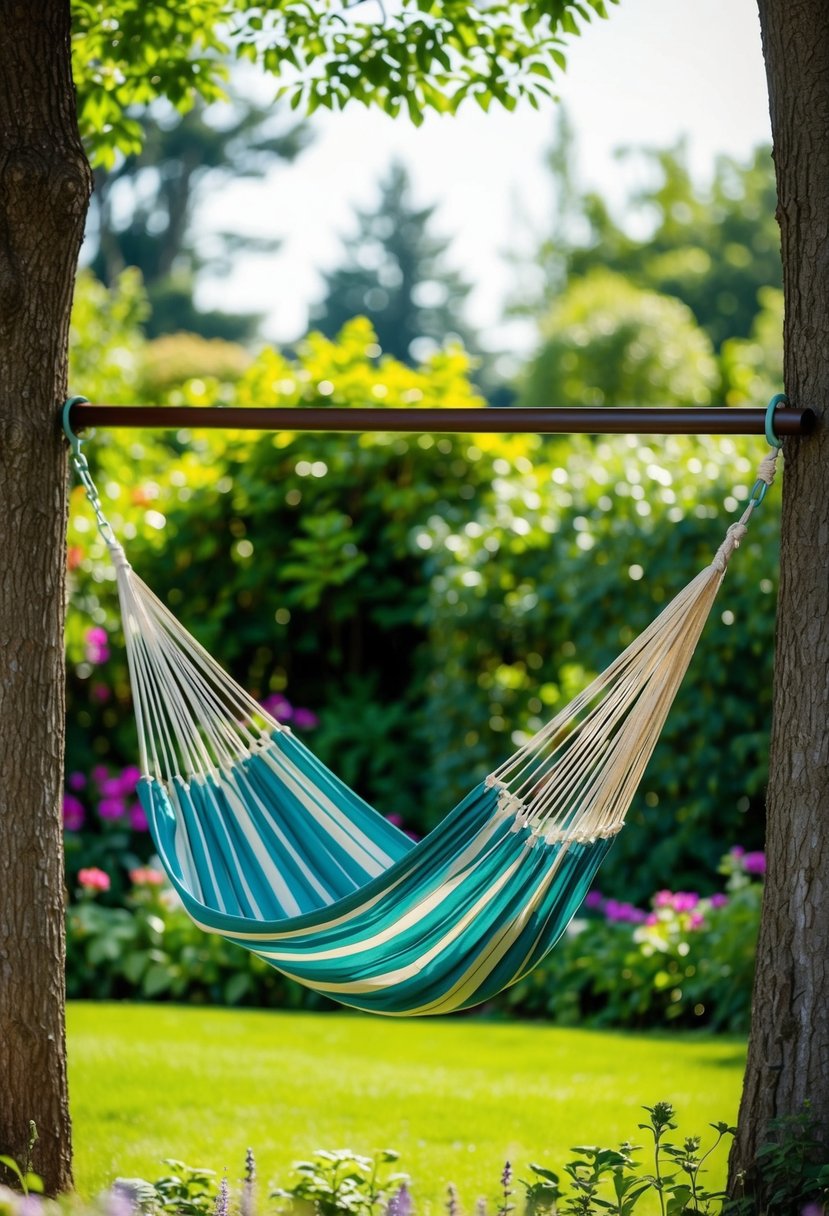 A hammock with spreader bar hangs between two trees in a lush garden, surrounded by flowers and greenery