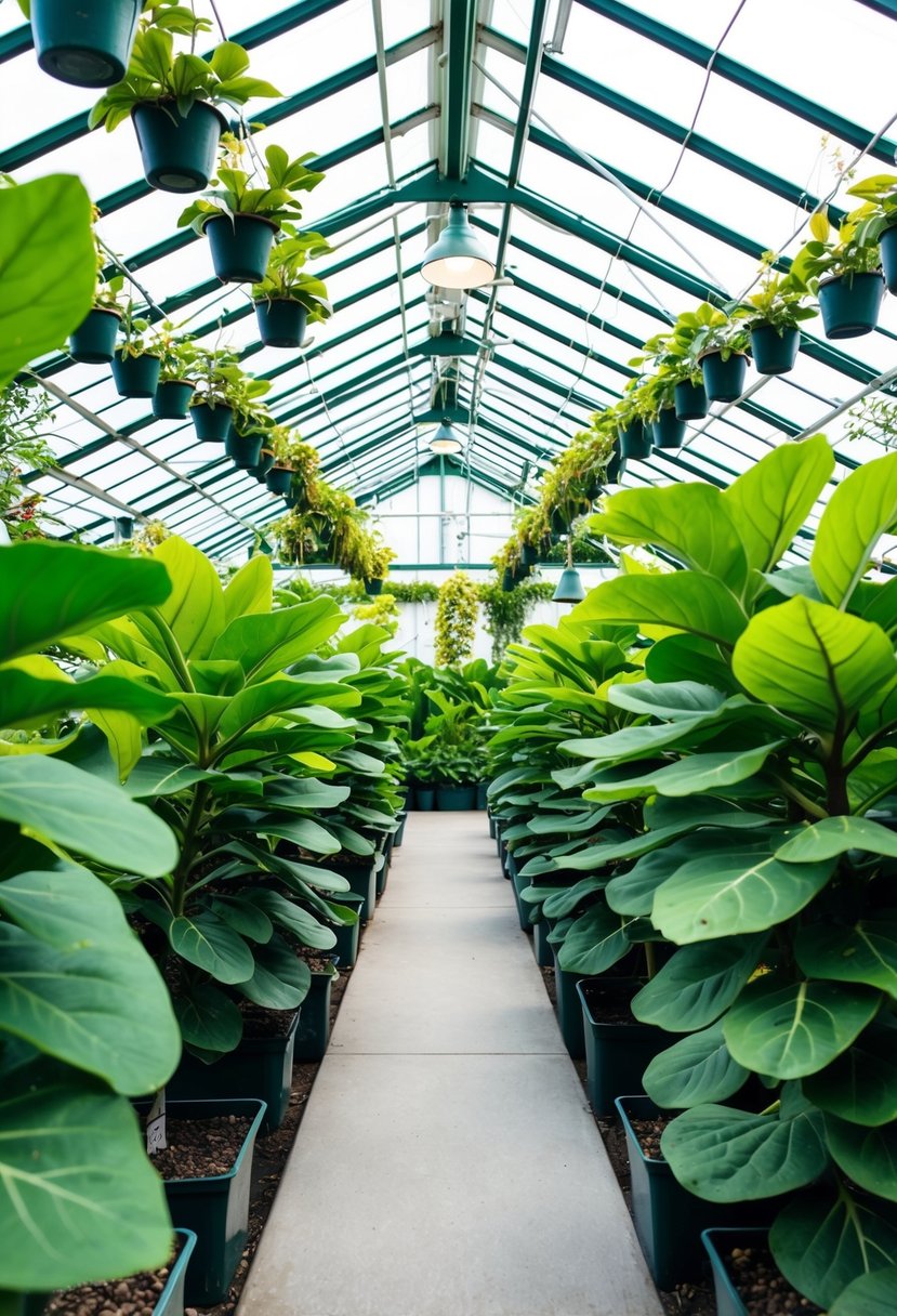 A lush greenhouse filled with 28 fiddle leaf fig gardens, creating a vibrant and serene atmosphere