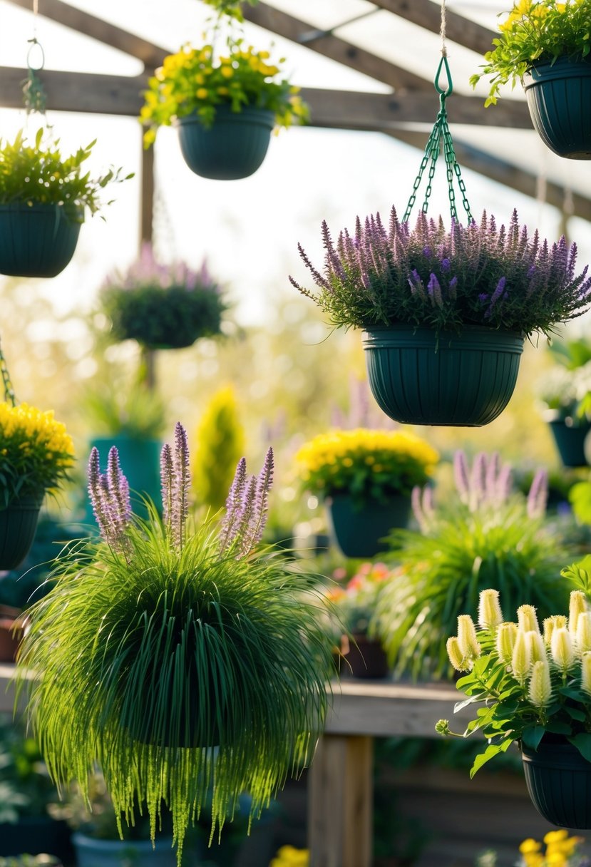 A variety of Nepeta plants in hanging baskets, arranged in a garden or greenhouse setting with sunlight streaming in
