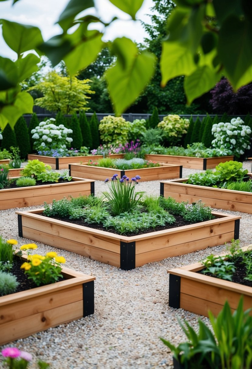 A lush garden with multiple raised cedar beds arranged in a symmetrical pattern, surrounded by vibrant green plants and flowers