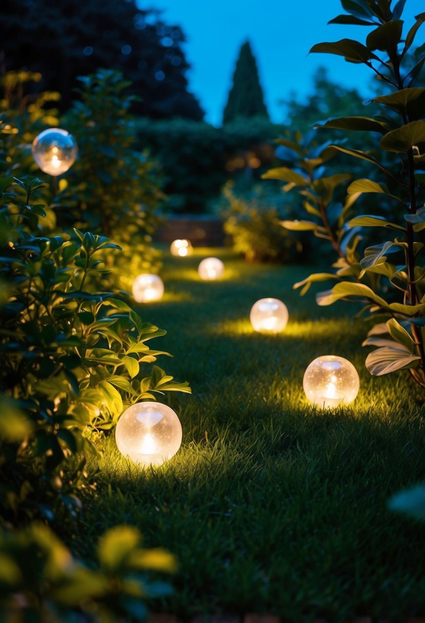 A lush garden at night with glowing glass globes scattered among the foliage, casting a soft, enchanting light