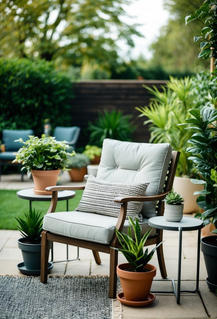 A cozy outdoor armchair surrounded by potted plants and a small side table on a patio with a view of the garden