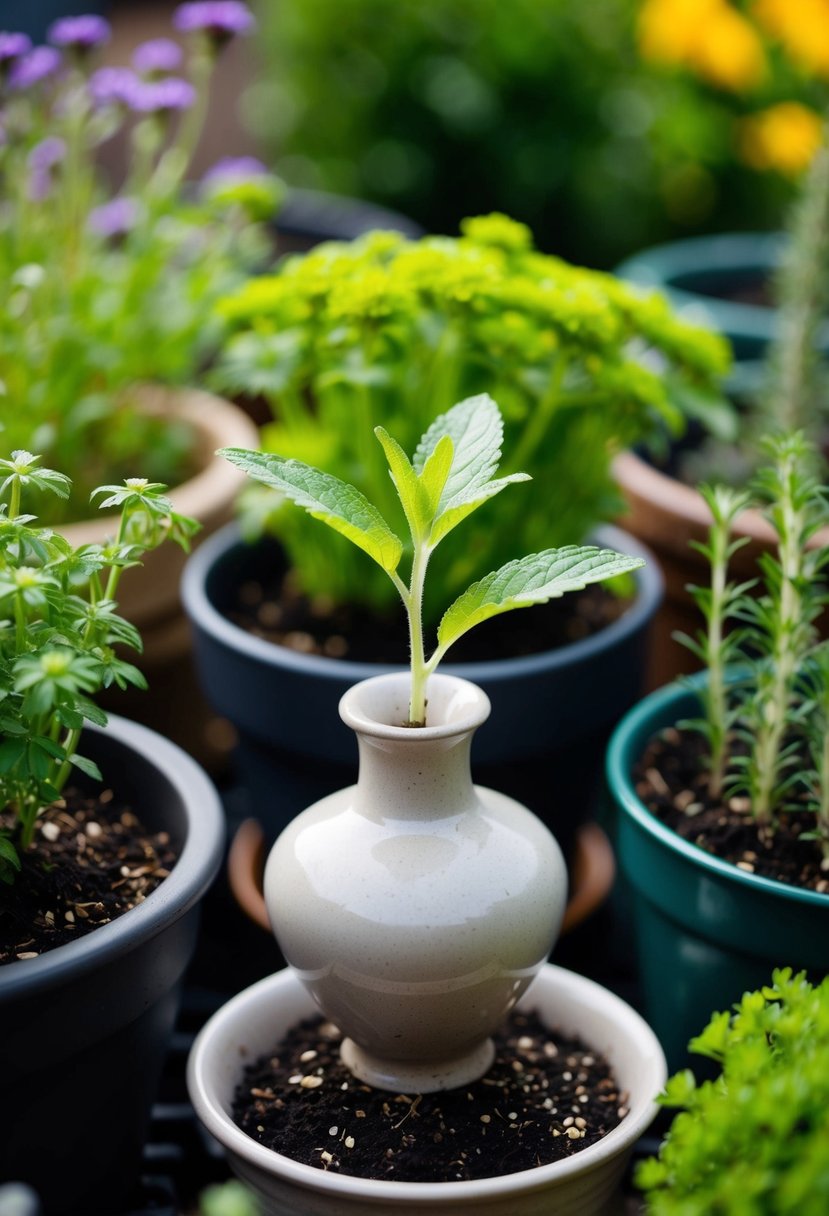 A small vase holds a sprig of stevia amidst a collection of 31 herb gardens in containers