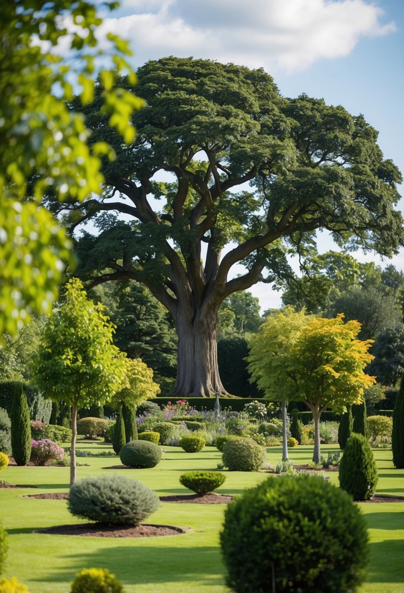A sprawling garden with a variety of trees, centered around a majestic oak tree