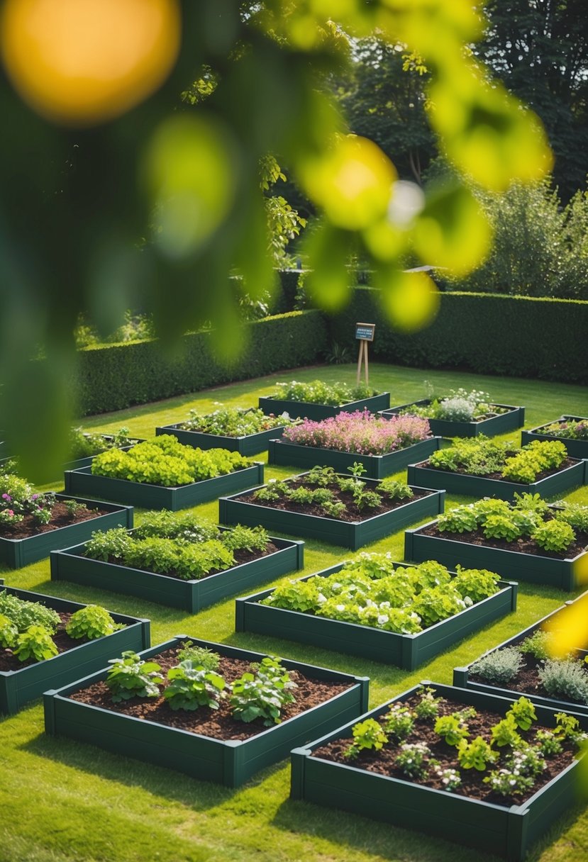 Aerial view of 35 raised bed gardens in a lush green setting