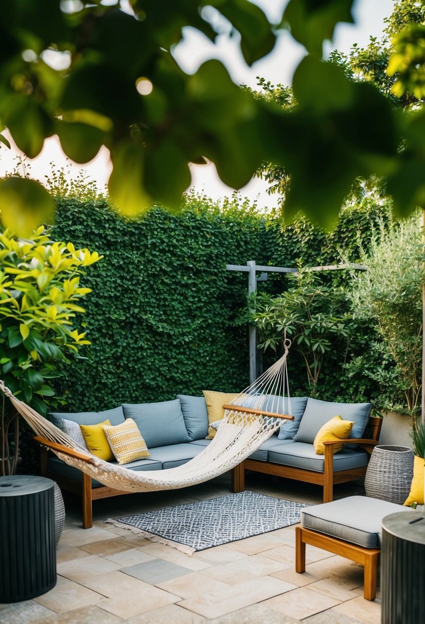 A cozy BBQ area with a hammock nestled in the corner, surrounded by lush greenery and comfortable outdoor furniture
