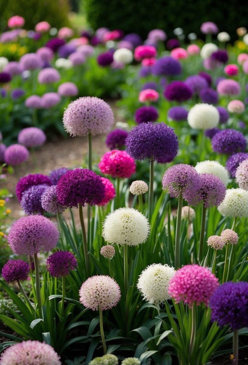 A garden filled with Allium Karataviense flowers in various shades of purple, pink, and white, creating a vibrant and colorful display