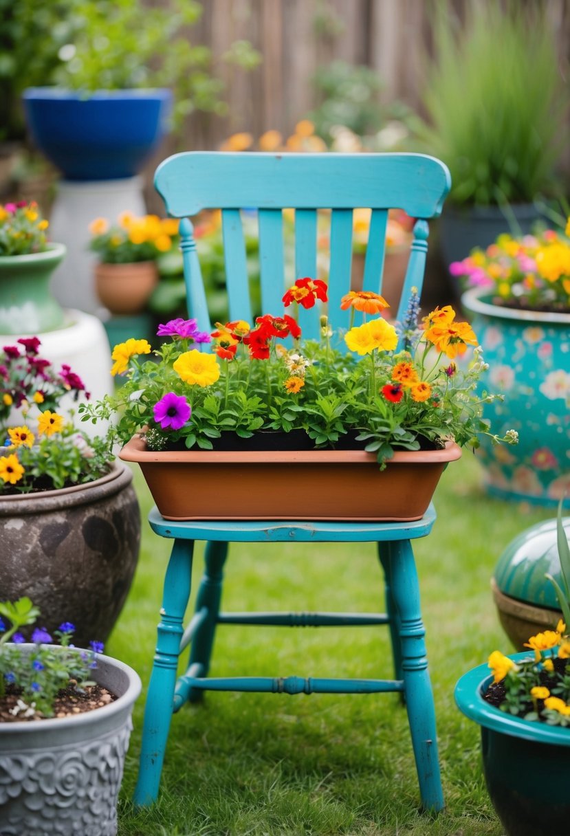 An old chair repurposed as a planter, filled with colorful flowers and surrounded by other unique garden containers