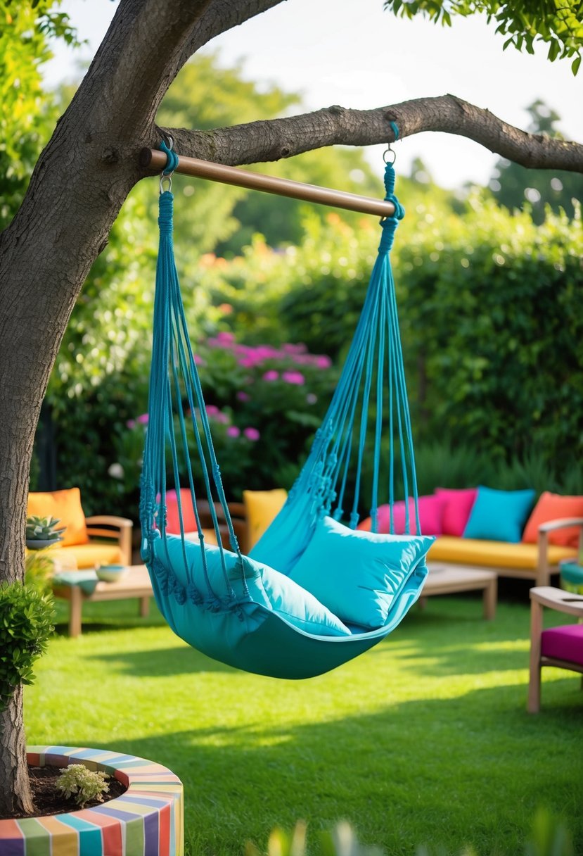 A hammock swing chair suspended from a sturdy tree branch, surrounded by lush greenery and colorful patio seating options