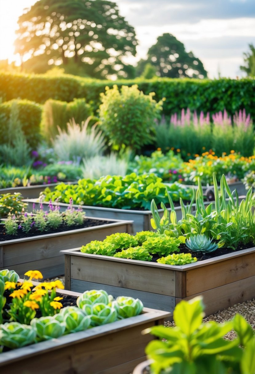 A lush garden with 35 raised beds, each filled with vibrant, Eco-Friendly plants