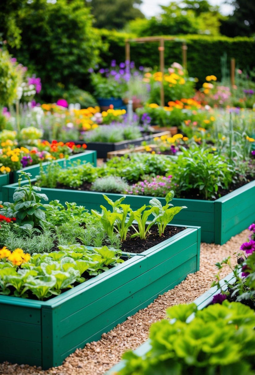 A vibrant garden with 35 raised beds in a Victory 8 Garden Square Foot Bed, filled with a variety of plants and flowers, creating a colorful and lush scene