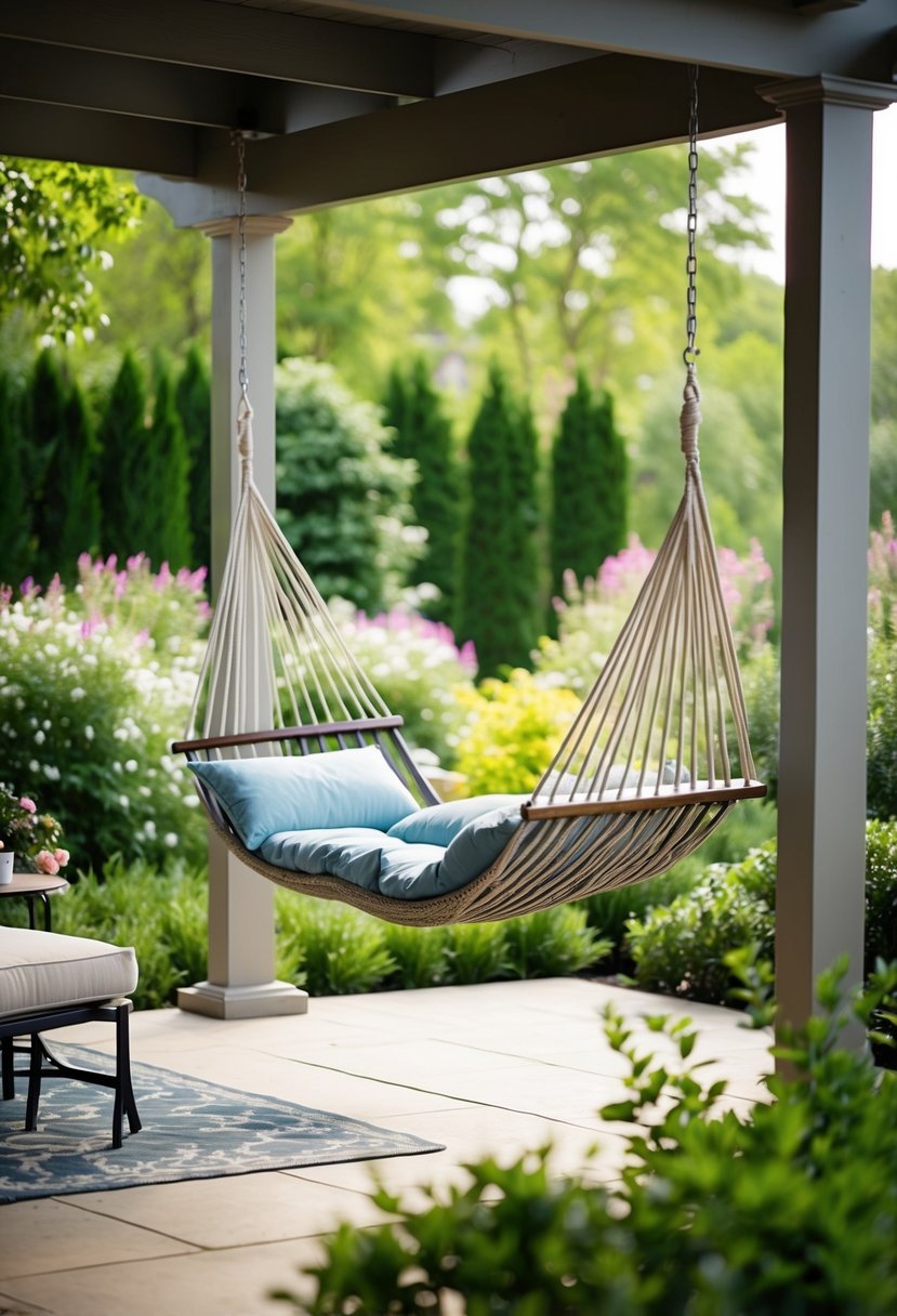 A cozy hammock swing hangs from a sturdy patio post, surrounded by lush greenery and blooming flowers in a tranquil garden setting
