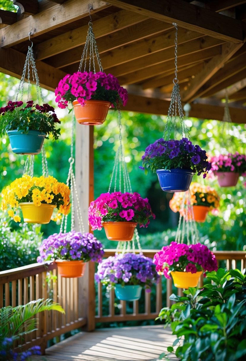 A colorful array of lantana hanging baskets, suspended from a wooden pergola, surrounded by lush green foliage and dappled sunlight
