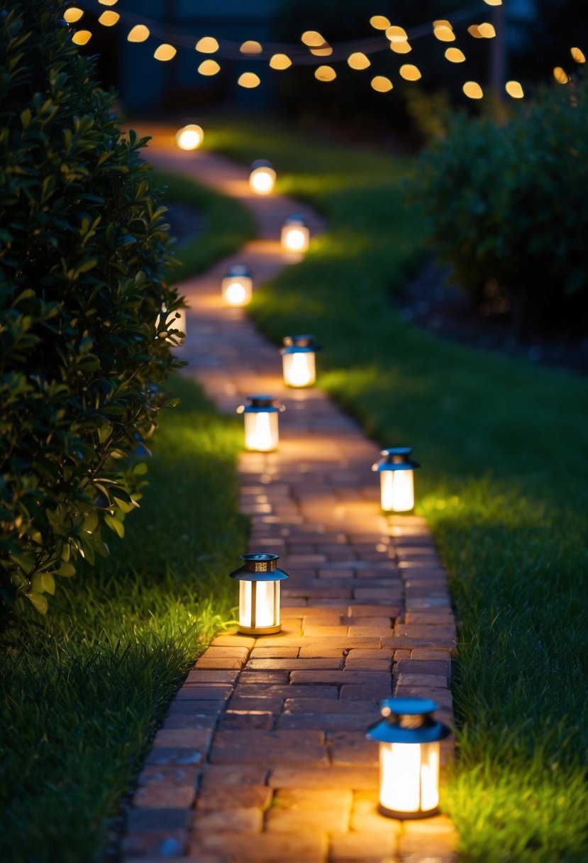 A winding garden pathway illuminated by solar lanterns at night