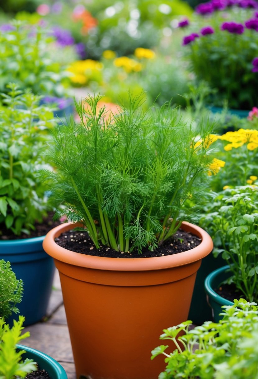 A vibrant pot filled with dill surrounded by 30 other herb gardens in containers