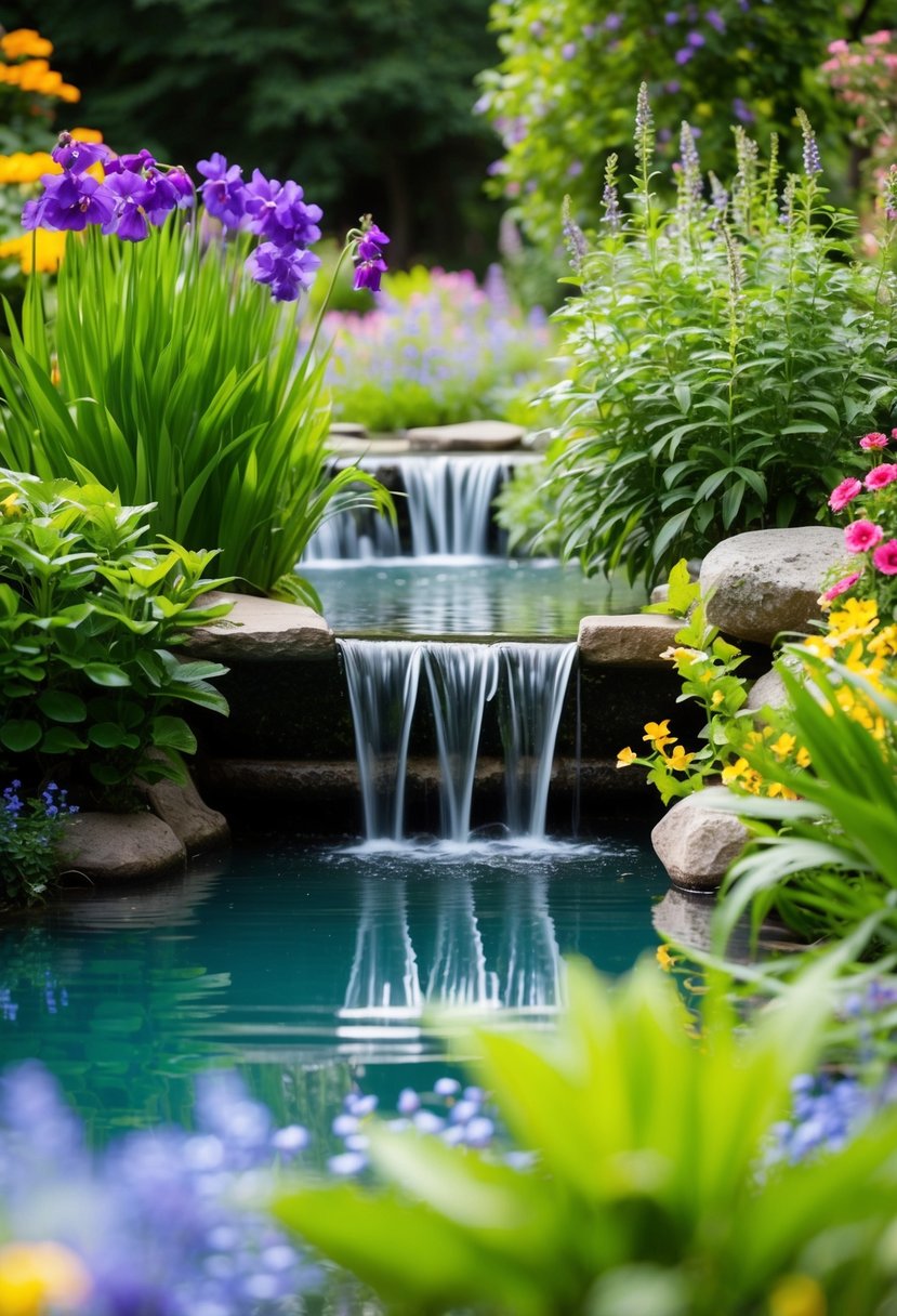 A tranquil garden pond with a cascading waterfall surrounded by lush greenery and colorful flowers