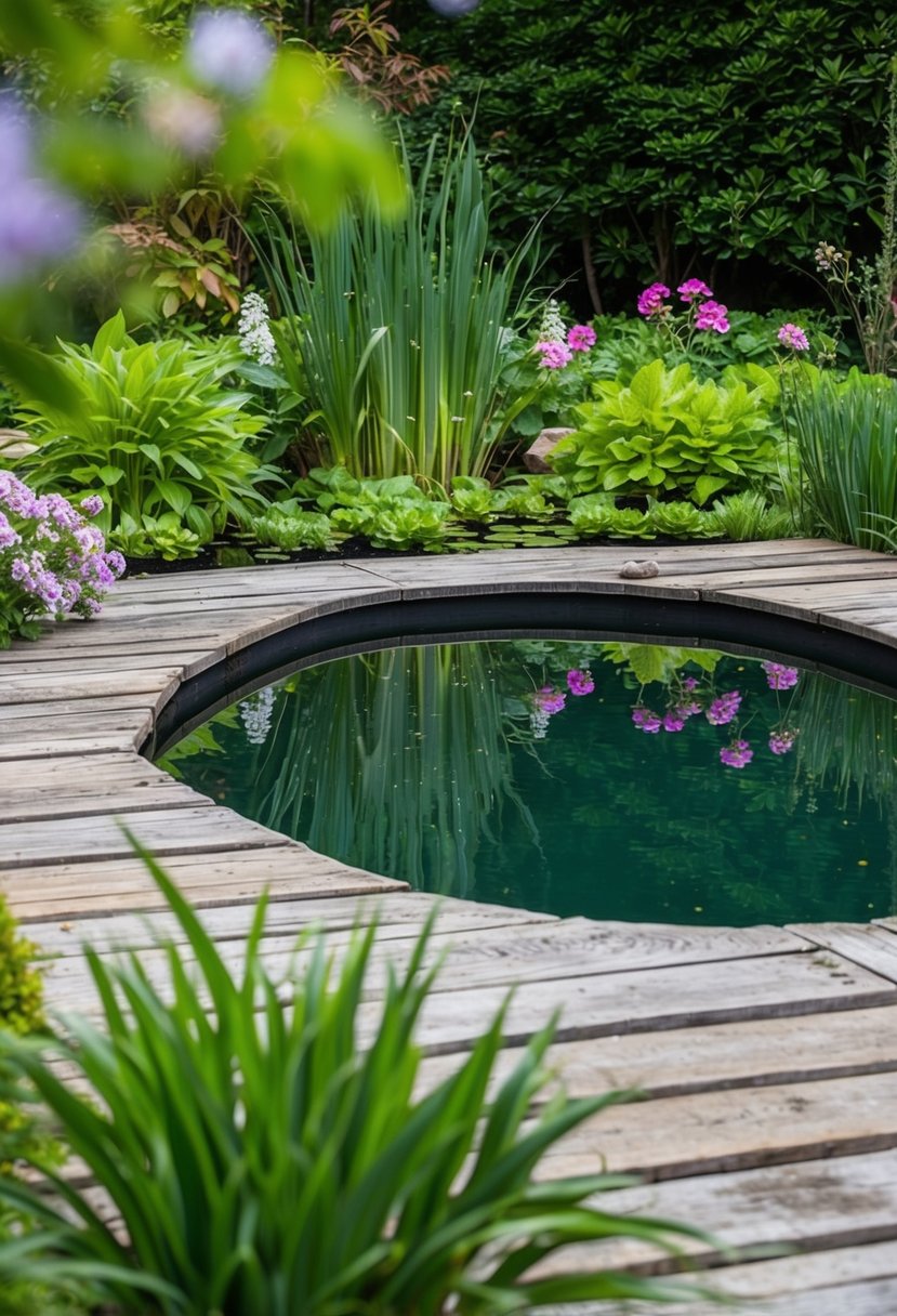A serene garden pond surrounded by a weathered, reclaimed wood deck, with lush greenery and blooming flowers