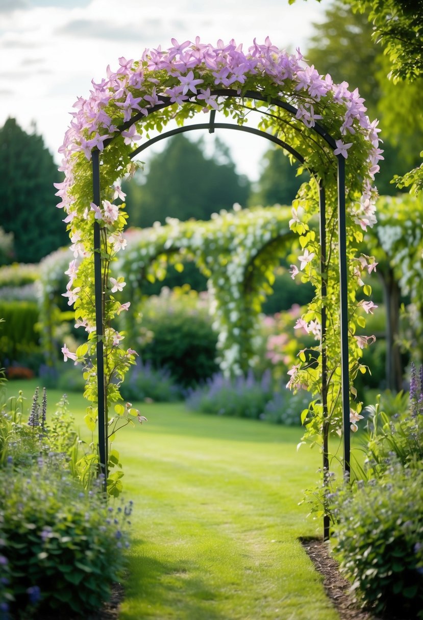 A lush garden with a towering arbor covered in blooming clematis flowers