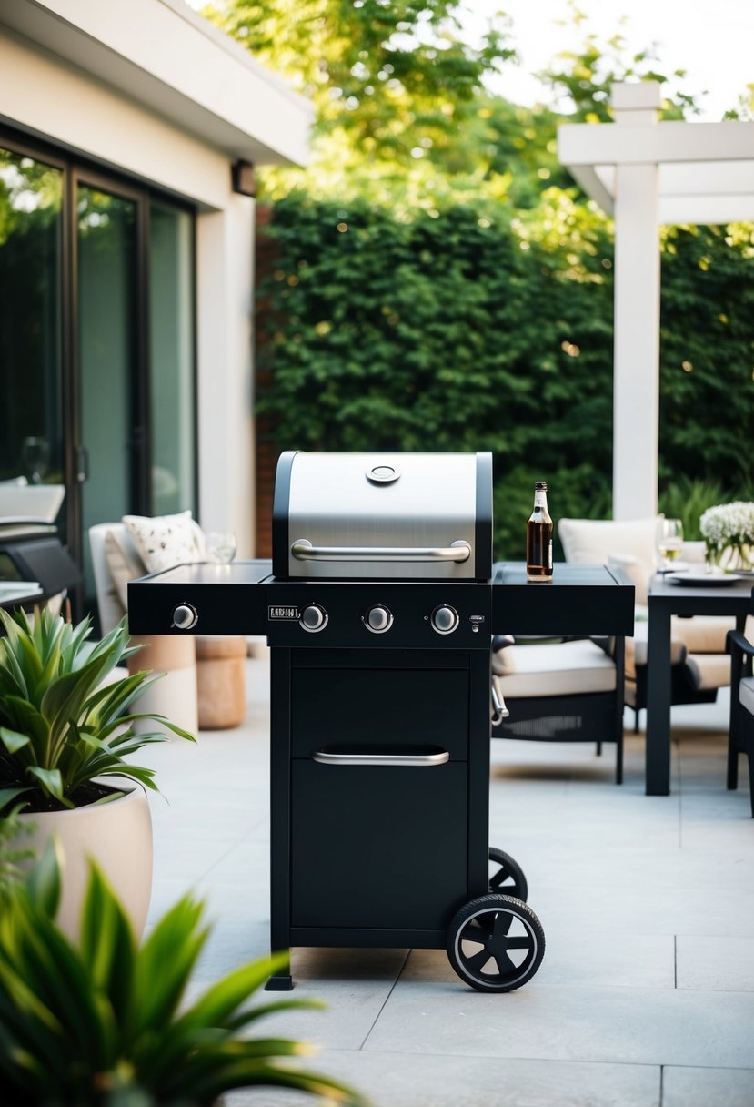A sleek modern barbecue cart sits in a stylish patio BBQ area, surrounded by contemporary outdoor furniture and lush greenery