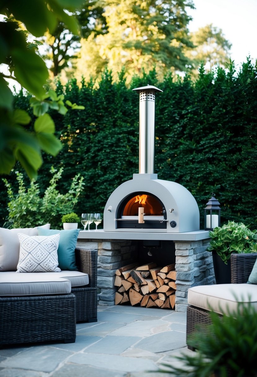 A backyard patio with a sleek Alfa Nano Wood Oven 27 nestled in a stone outdoor kitchen, surrounded by lush greenery and a cozy seating area