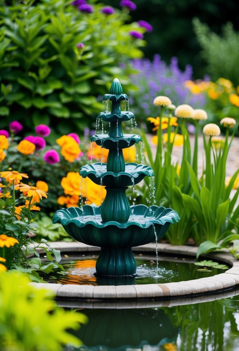 A serene garden pond with a resin fairy fountain surrounded by lush greenery and colorful flowers