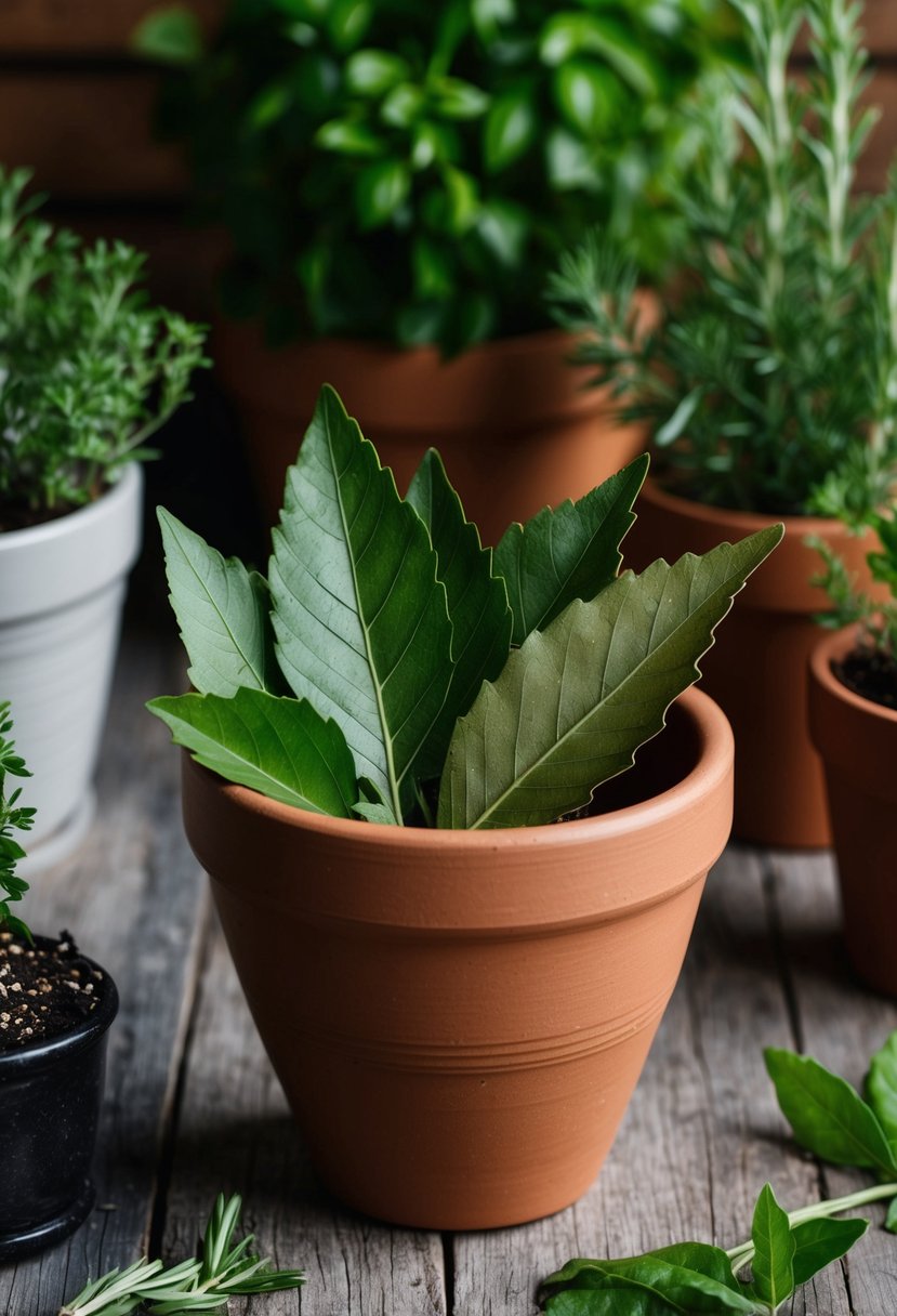 A clay pot filled with bay leaves surrounded by other herbs in containers