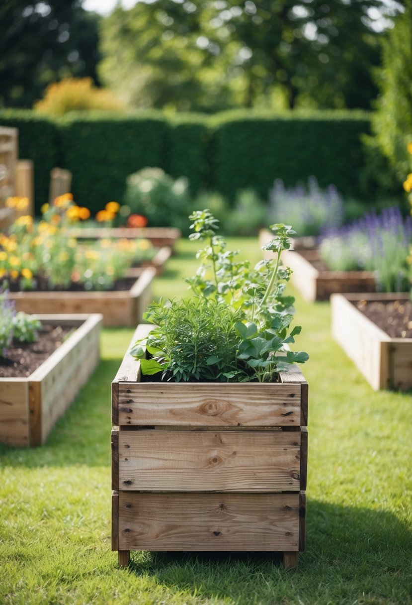 A rustic wooden planter sits in a garden surrounded by raised beds