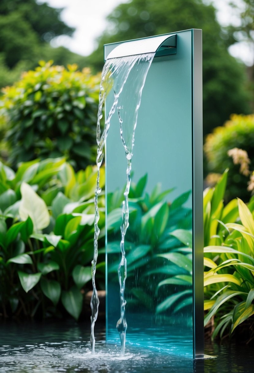 A freestanding glass water panel stands among lush garden foliage. Water cascades down the smooth surface, creating a tranquil and elegant feature
