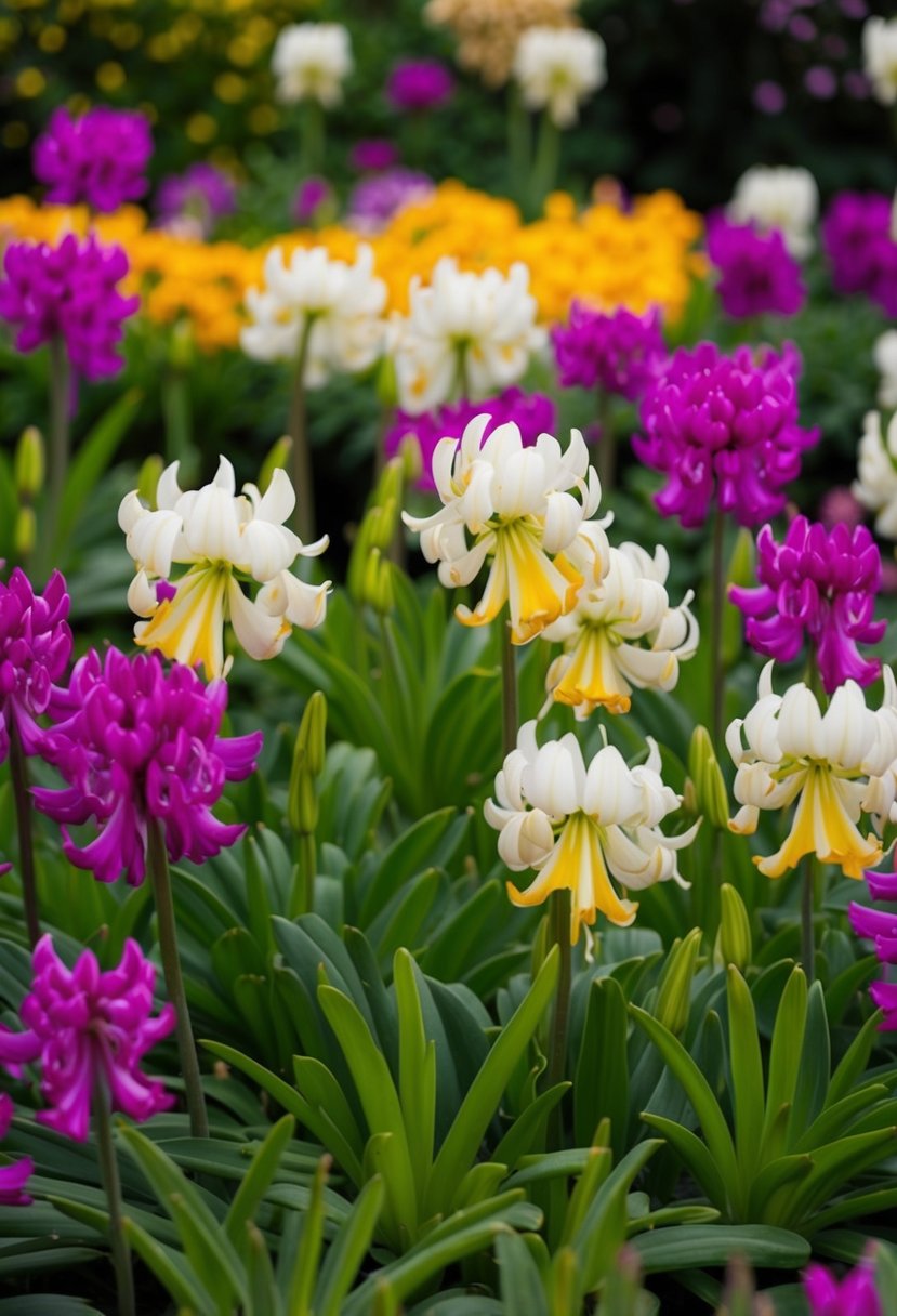 A lush garden filled with vibrant Agapanthus 'Gold Strike' in full bloom, creating a stunning display of color and beauty