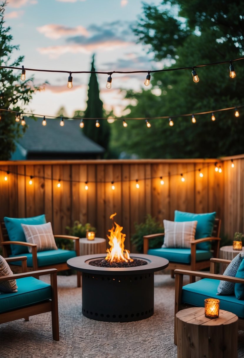 A cozy backyard with a small fire pit surrounded by outdoor seating and string lights, creating a warm and inviting atmosphere