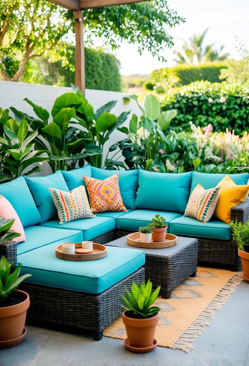 A cozy outdoor sectional sofa surrounded by potted plants and colorful throw pillows, with a view of a lush garden or patio