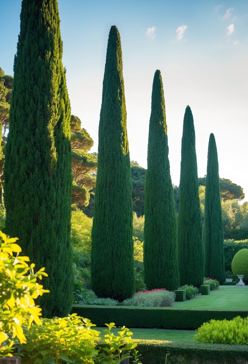 A serene garden with towering cypress trees, lush greenery, and a peaceful atmosphere