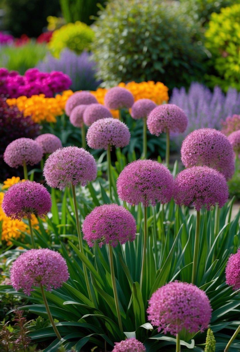 A lush garden filled with vibrant Allium Atropurpureum flowers in full bloom, creating a stunning display of color and texture