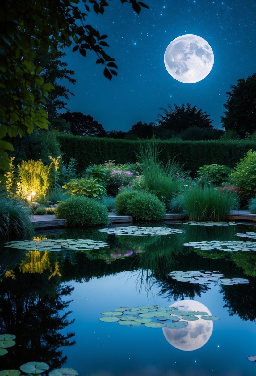 25 garden ponds shimmer under the moonlit night, reflecting the starry sky and surrounding foliage