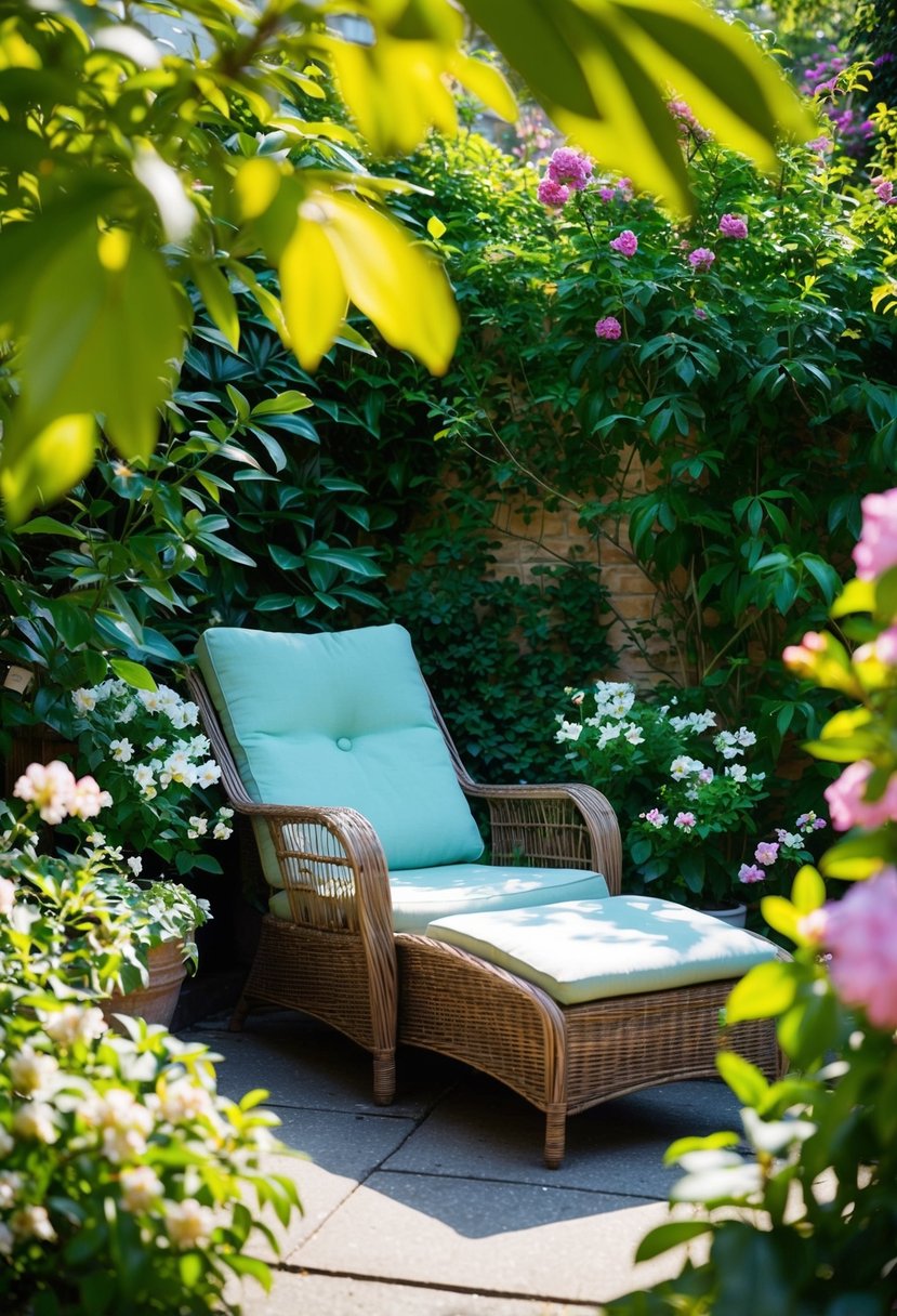 A wicker lounger sits nestled in a lush garden nook, surrounded by blooming flowers and verdant foliage. Sunlight filters through the leaves, casting dappled shadows on the cozy seating area